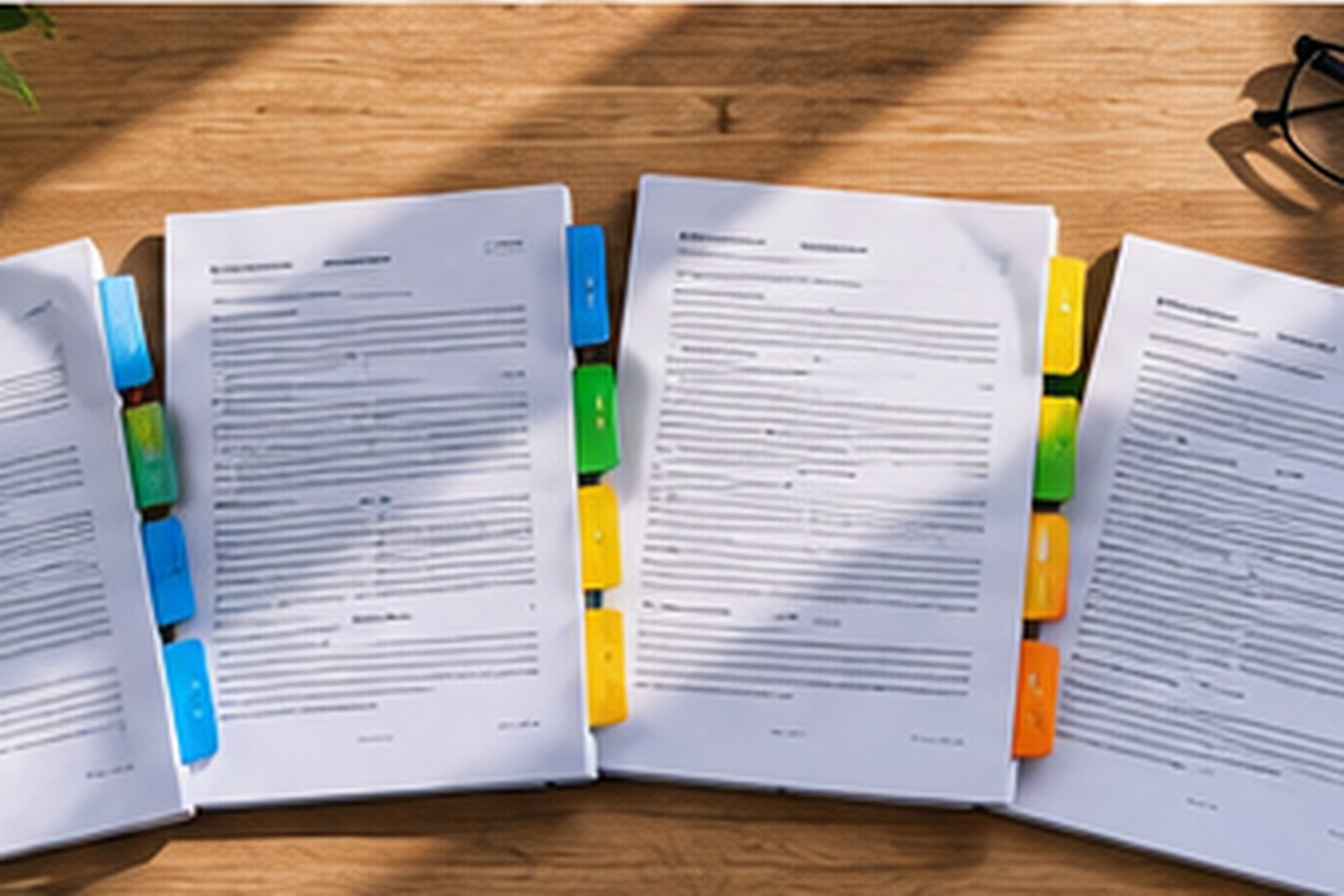Close-up of a safety manager's hands marking a printed procedure with a pen at a bright desk, a coffee and a laptop beside it