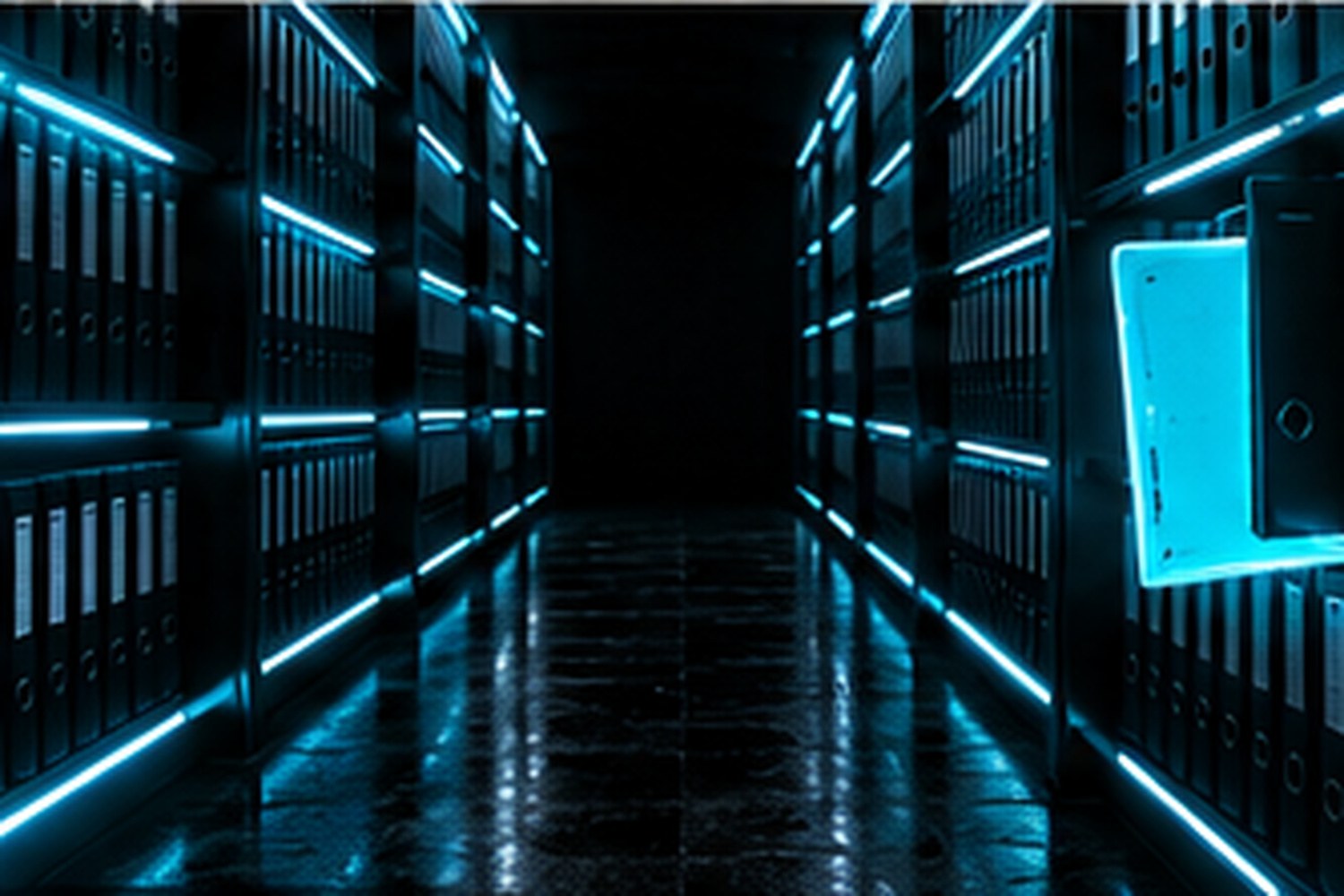 Dark compliance office with a wide wall display on black showing a grid of cyan document icons, one large ring score and a short flagged list, a window showing trucks in daylight