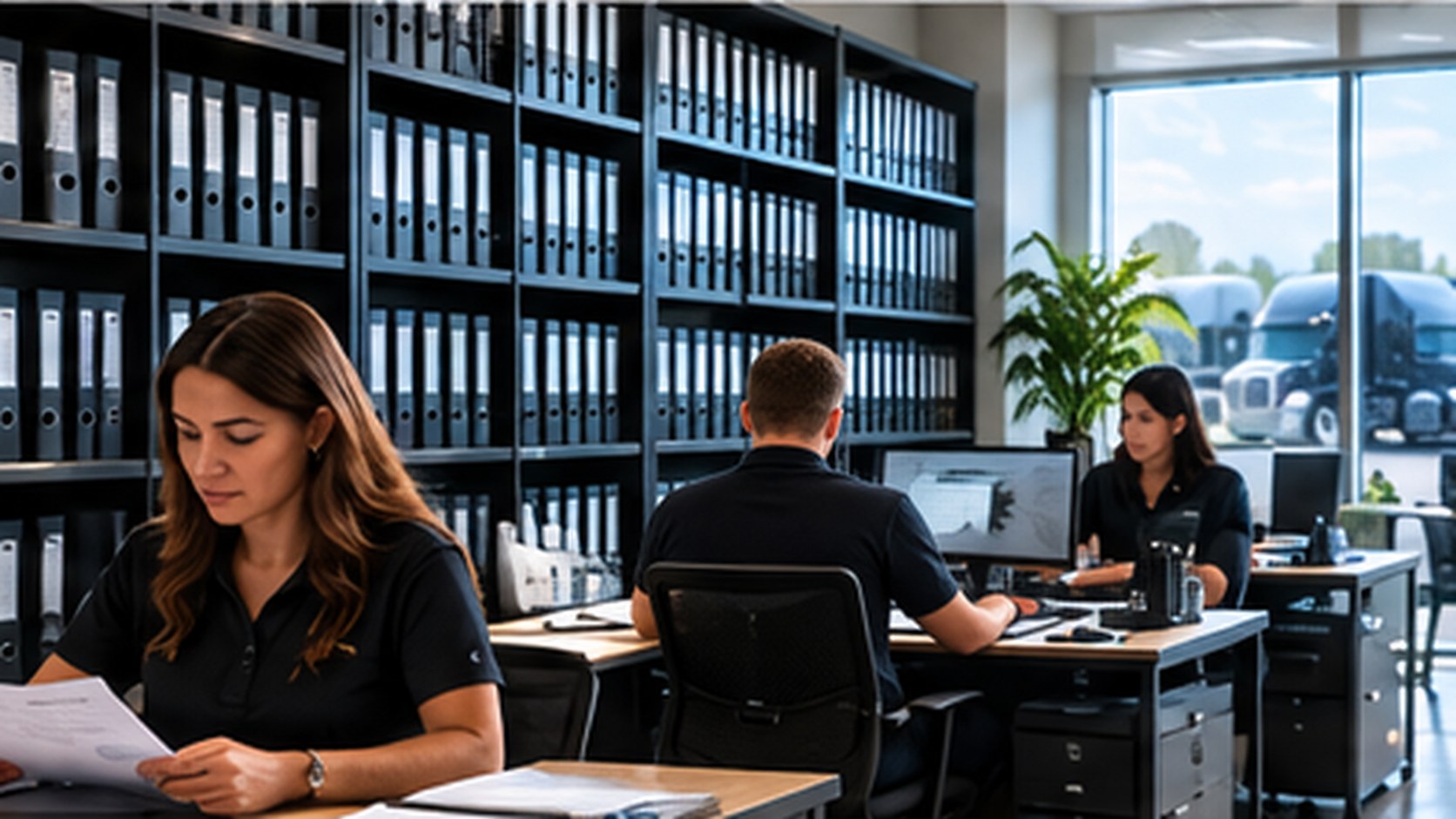 Wide view of a bright fleet office floor with three safety staff at desks and a wall of binders, tractors visible through the glass
