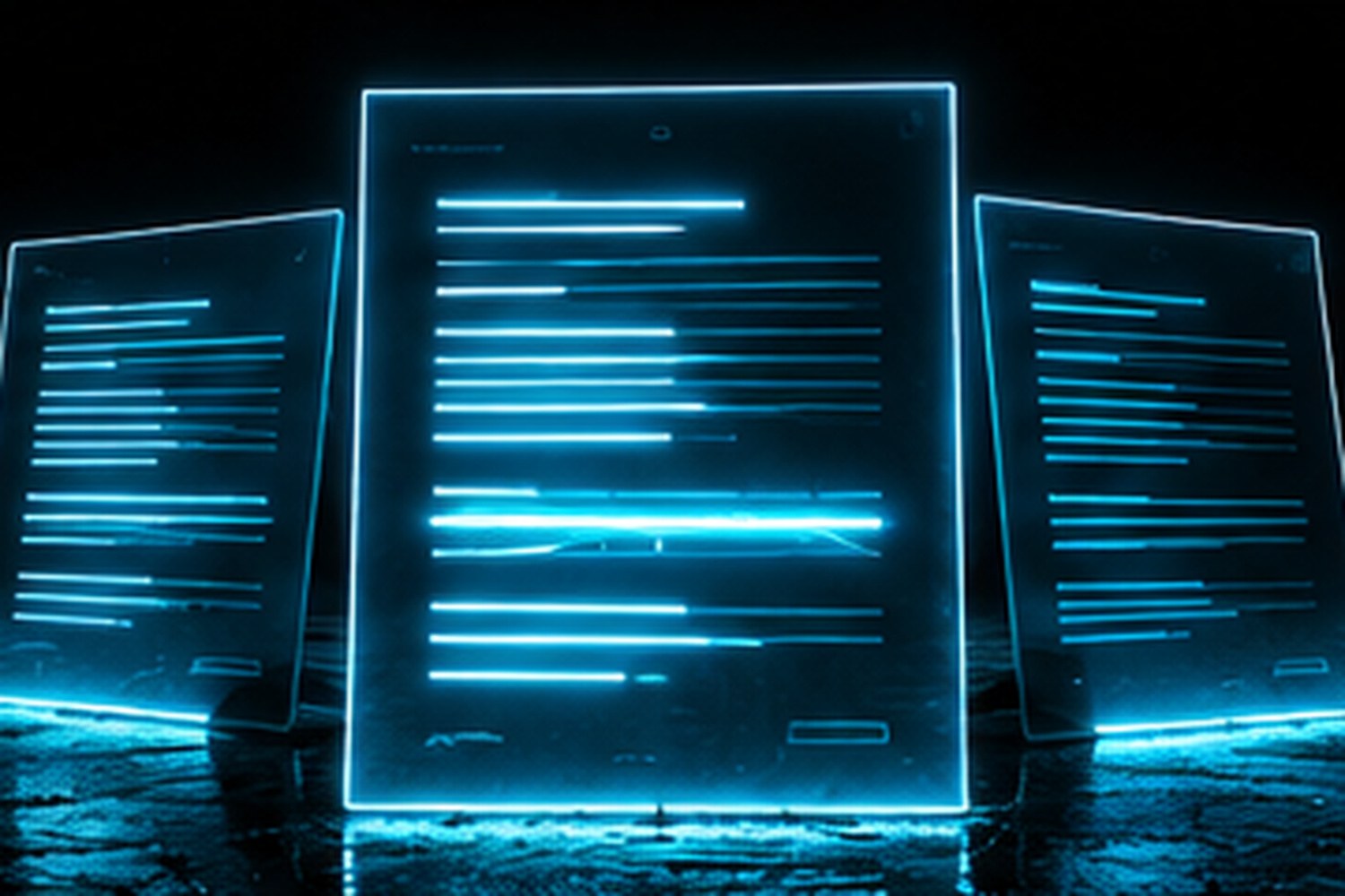 X3 document intelligence: a single glowing cyan document page standing upright on a wet black floor with a photoreal black tractor reflected behind it, a cyan ring around the page