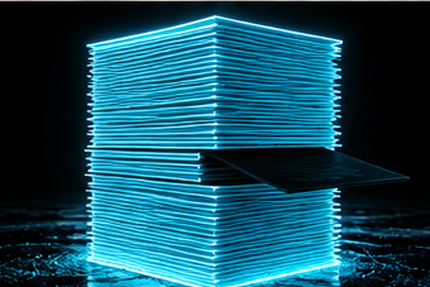 A black tractor driving away down a wet black runway toward a huge cyan ring gate, small cyan edge lights along the road