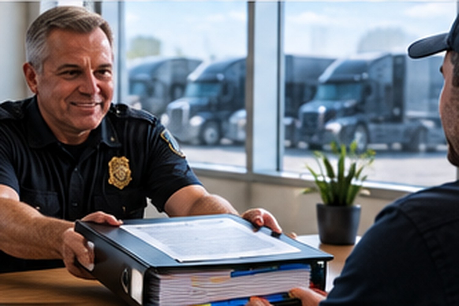 DOT investigator closing a binder and nodding to a relaxed safety manager in a bright office, a tractor through the window