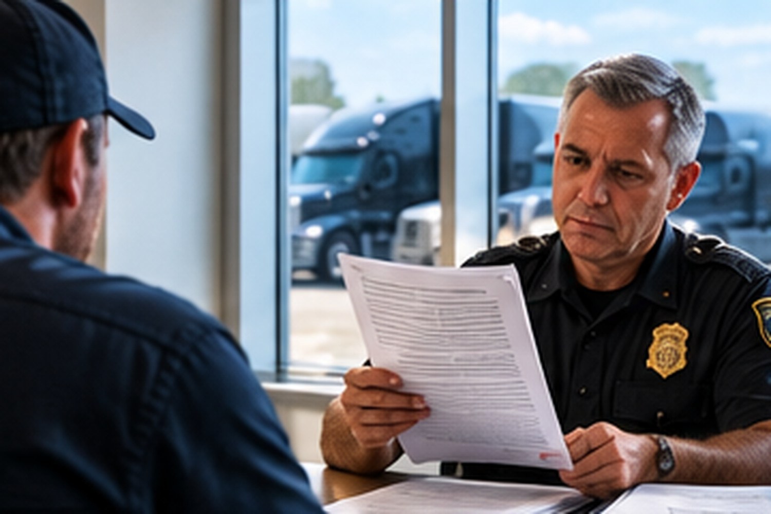 DOT investigator across a sunlit desk from a fleet owner, reading a thin printed policy while the owner waits