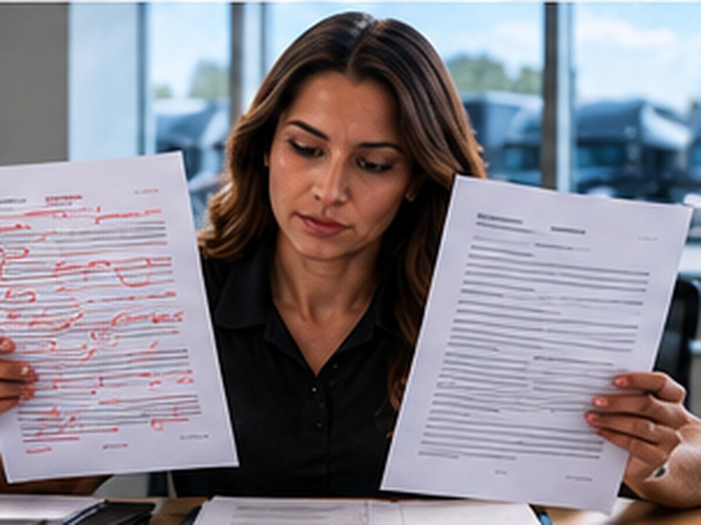 Safety manager and owner reviewing a freshly printed policy together at a bright office table, tractors through the window